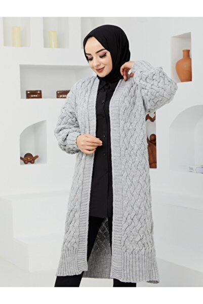 Pamuk Butik Women's Gray Knitted Balloon Sleeve Knitwear Cardigan