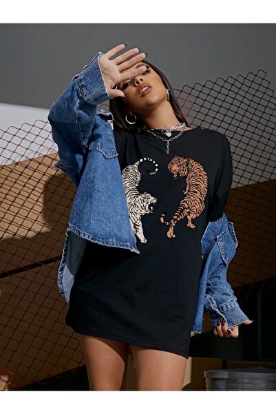 MOONBULL Damski T-shirt oversize z czarnym nadrukiem tygrysa