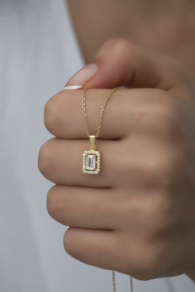 Nereze 925 Ayar Gümüş Gold Baget Tektaş Kolye