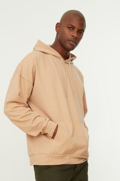 Trendyol Collection Стандартен памучен суичър с апликиран етикет с качулка/широк разрез с дълъг ръкав TMNSS21SW0221