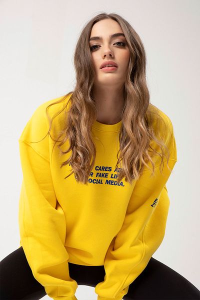 Eazy Co Eazy Fake Life Oversize Unisex Yellow Crew Neck Thick Sweatshirt