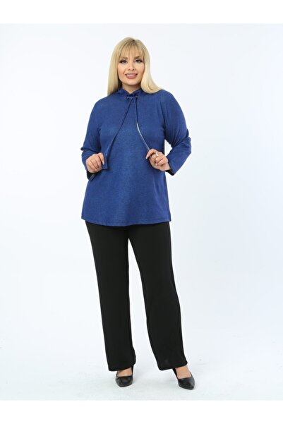 LİKRA Women's Blue Large Size Striped Lace Collar Stretchy Knitwear Blouse