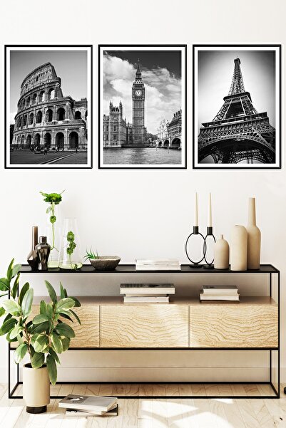 Linacci Üçlü Siyah Alüminyum Metal Çerçeveli Camlı Poster Tablo Seti