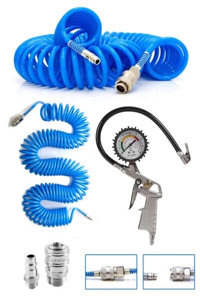 favorisepetim Yüksek Kalite Hava Üfleme Toz Alma 15mt Spiral Hava Hortumu Ve Saatli Lastik Şişirme Hava Tabancası