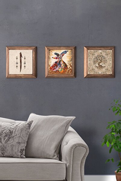 Oscar Stone Decor Masif (ahşap) Çerçeveli 3'lü Set Ebruli  Taş Tablo Pano  Se...