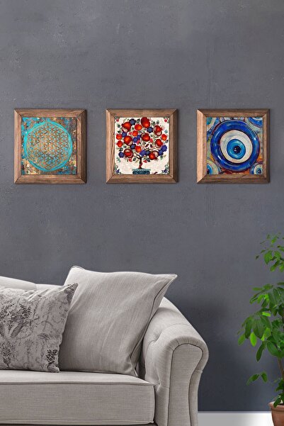 Oscar Stone Decor Masif (ahşap) Çerçeveli 3'lü Set Taş Tablo Pano 28x28 Cm Na...
