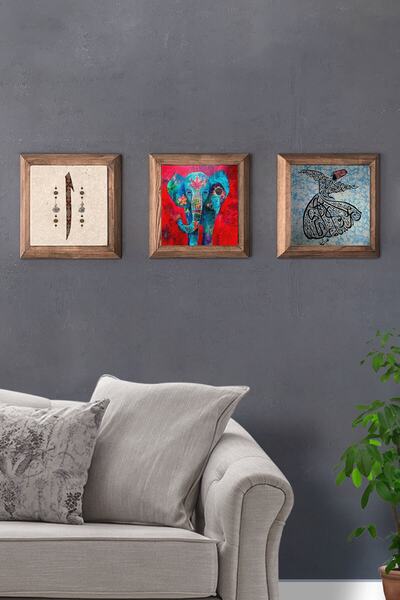 Oscar Stone Decor Masif (ahşap) Çerçeveli 3'lü Set Taş Tablo Pano 28x28 Cm El...