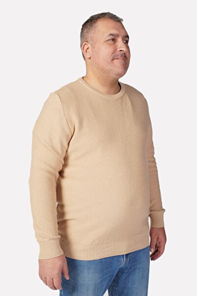 Trist Star Large Size Beige Crew Neck 100% Cotton Men's Sweater Trist-2110