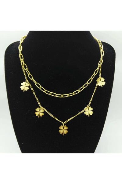 MODAMUGO Çelik Ikili Zincir, Beş Yoncalı Kolye - Gold