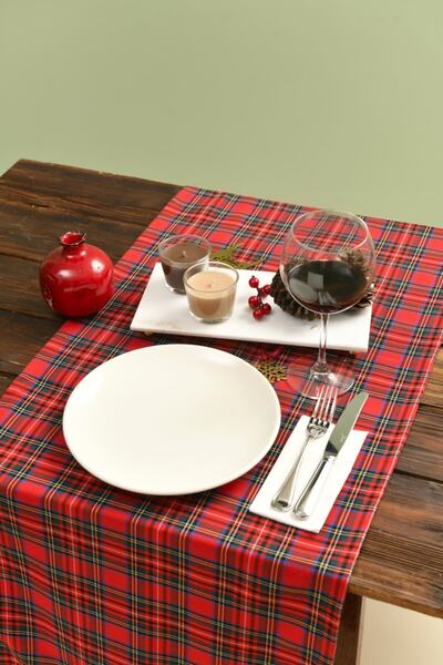 Rey Home Özel Dikişli Tartan Ekose Runner Kırmızı