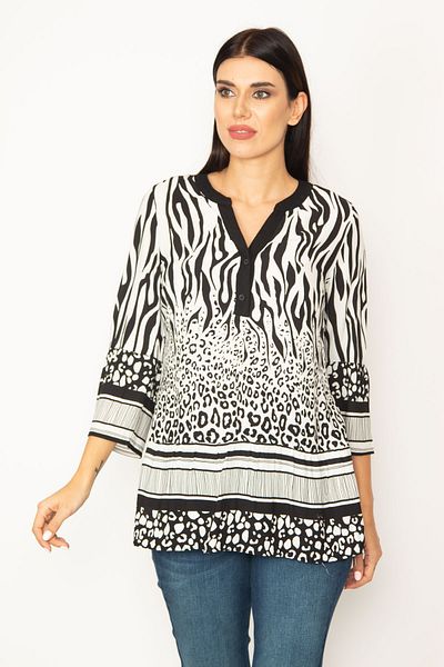 Şans Tekstil Women's Black Front Placket Buttoned Patterned Tunic 26a30094