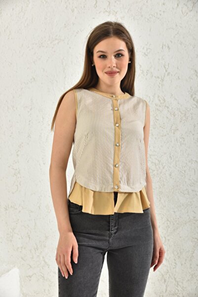 COMMFYY Çizgili Sıfır Kol Fırfırlı Hardal Rengi Gömlek