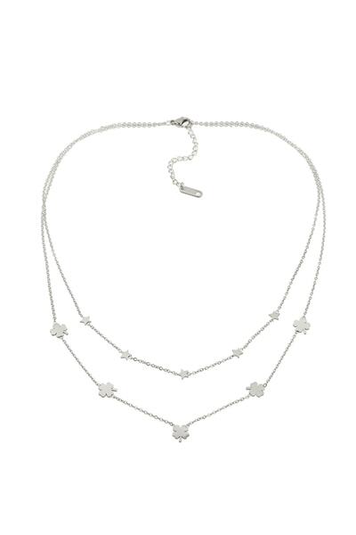 MODAMUGO Çelik Ikili Zincir, Beş Yoncalı Ve Yıldızlı Kolye - Rodyum