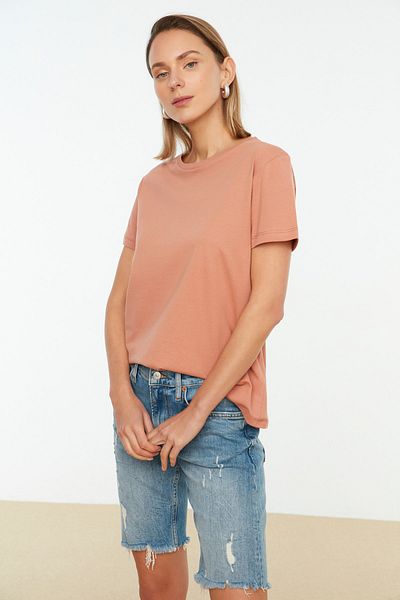 Trendyol Collection Khaki-Lachs Single Jersey Rundhalsausschnitt 2er-Pack gestrickte T-Shirts – 100 % Baumwolle TWOSS20TS0141