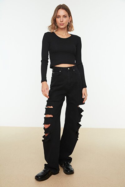 Trendyol Collection Fekete-szürke 2 csomagban illeszkedő, széles gallérral bordázott, rugalmas, kötött blúz TWOAW22BZ0131