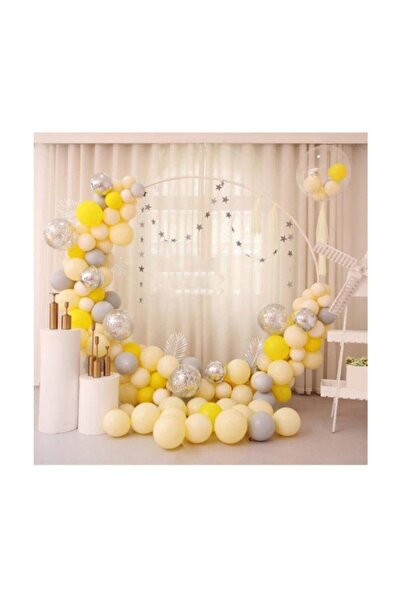 TATLI GÜNLER 50 Adet Sarı Makaron Gümüş Krom Konfetili Balon Zincir Seti
