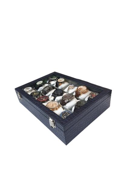 STAND MARKET Watch Box 15 Pieces Dark Blue Crocodile