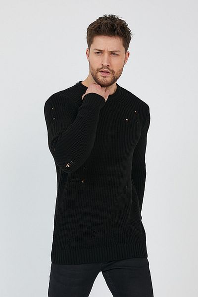 COOL TARZ Черен мъжки унищожен модел трикотажен пуловер-trz8141r06l