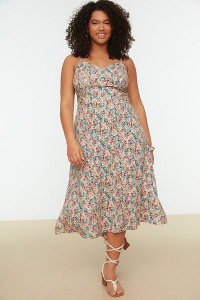 Trendyol Curve Beiges langes Kleid mit V-Ausschnitt und Blumenmuster und verstellbaren Trägern - TBBSS22AH0055