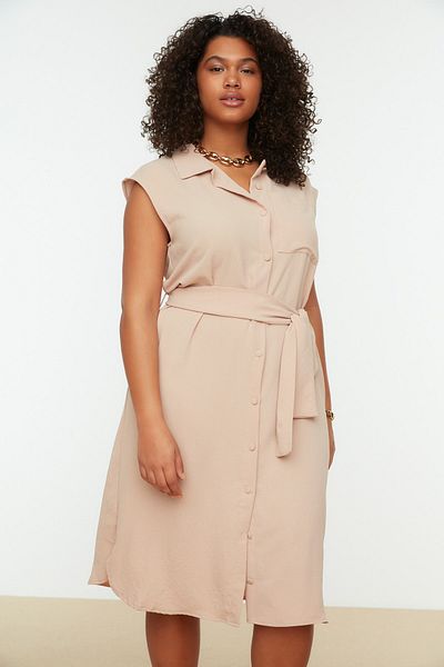 Trendyol Curve Beige Belted Pocket Detailed Woven Shirt Dress TBBSS22AH0250