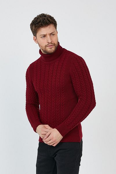 COOL TARZ Claret Red Men's Knitted Patterned Turtleneck Knitwear Sweater-trz8146r03m