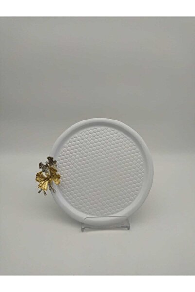Aslı Hediyelik Kelebekli Yuvarlak, Desenli Beyaz Sunum , Dekoratif Servis Tepsisi, Çay, Pasta Kahve 23 Cm