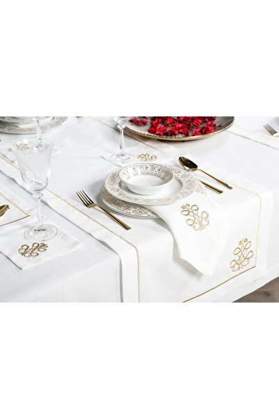 Caka home منديل مكون من قطعتين بتطريز ملكي وتأثير الكتان (ذهبي لامع)