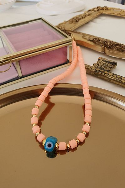 Trendy Butik الخوخ اللون فيمو العجين قلادة عين الشر