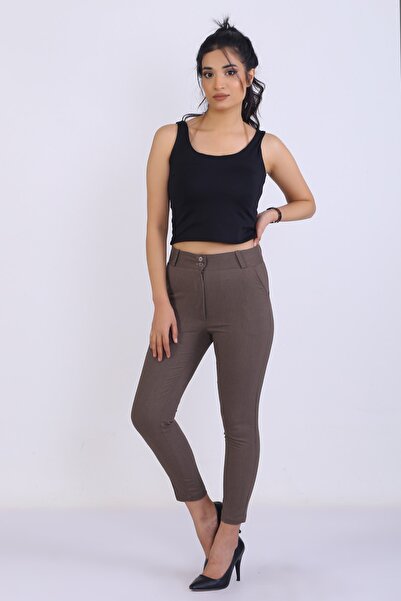 Genel Markalar Kadın Yüksek Bel Kalem Kesim Kumaş Sütlü Kahve Pantolon