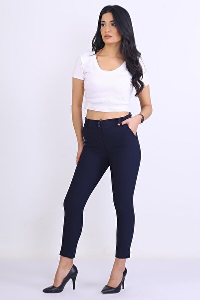 Canseven Fashion بنطلون نسائي عالي الخصر من القماش باللون الأزرق الداكن