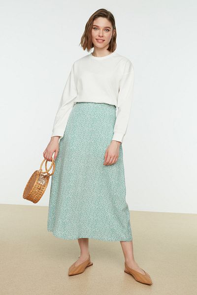 Trendyol Modest Menta, virágos nyomott viszkóz szőtt, lobogó szoknya TCTSS21ET0497
