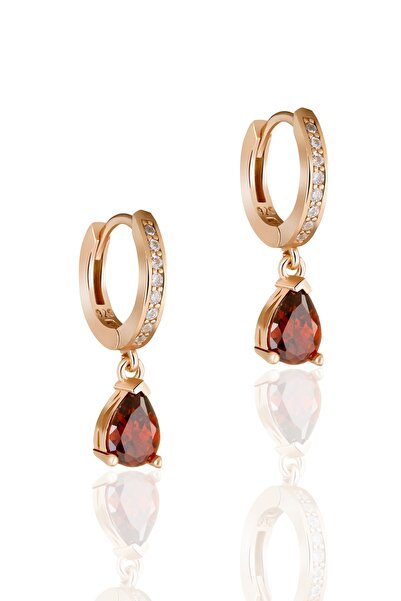 Doğan Silver Gümüş Rose Kırmızı Taşlı Damla Model Trend Halka Küpe Dgn21189
