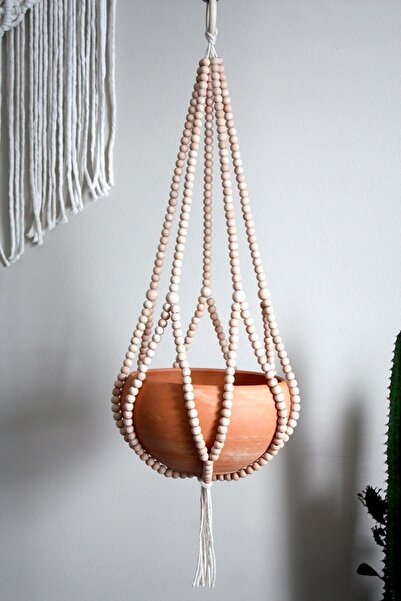 Emtory Home Büyük Boy Dekoratif Doğal Ahşap Boncuklu Saksılık