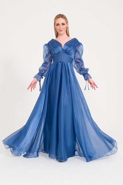 SpringStore Rochie de seara din tul cu maneca cu balon Indigo