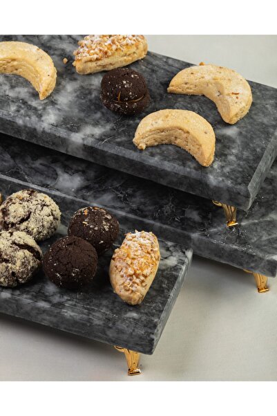 MERALP Mermer Sunumluk Altın 3'lü Set Pasta Sunumu, Metal Profil Ayak