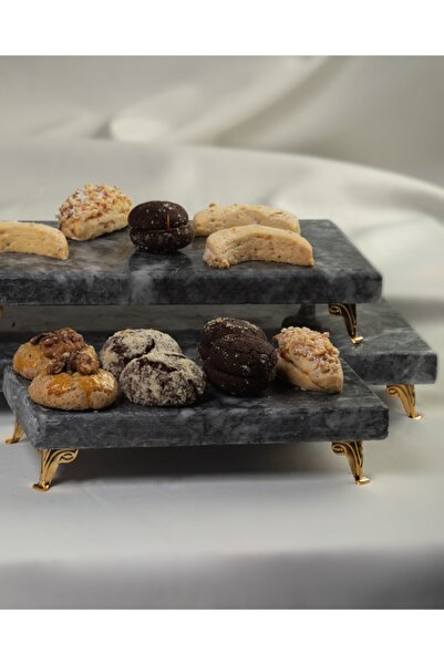 MERALP Mermer Sunumluk Altın 3'lü Set Pasta Sunumu, Metal Profil Ayak