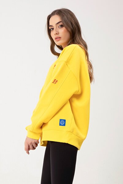 Eazy Co Eazy Change Yourself Oversize Unisex Жовтий Світшот з Товстим Капюшоном та Велосипедним Воротником