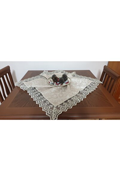 Eren Home Kadife Fiskos Örtüsü Güpürlü 90x90 Vizon