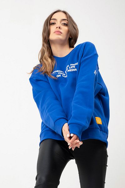 Eazy Co Eazy Fake Life Oversize Unisex Saks Blue Crew Neck Thick Sweatshirt