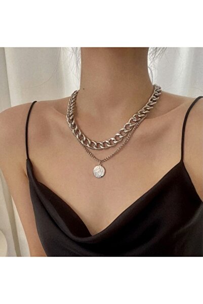 pop up store Gümüş Renk Zincir Ve Para Detay Ikili Kolye Set