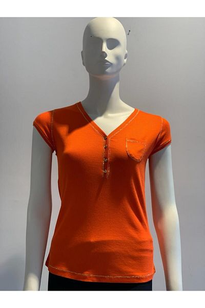 Two Mail Women's Buttoned T-shirt with Shiny Detail