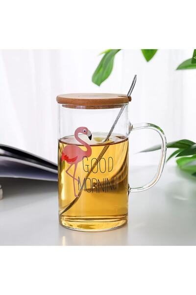 Milat Store Bambu Kapaklı Flamingo Bardak Borosilikat 400 Ml