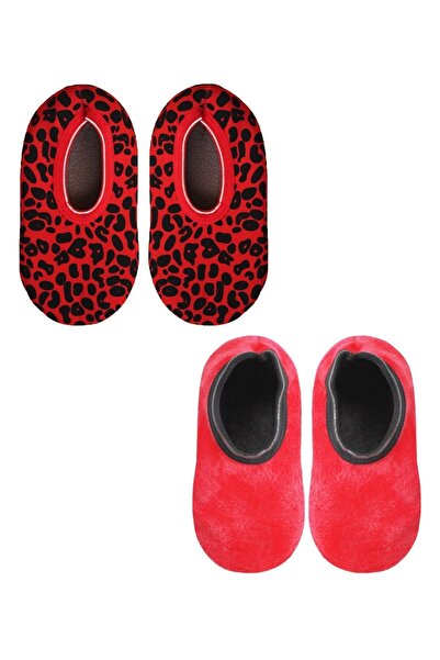UNLIMITED LEGWEAR 2'li Kırmızı Eğlenceli Desenli Peluş Altı Kaymaz Çocuk Ev Patiği