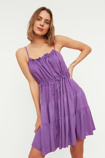 Trendyol Collection Rochie mini țesută mov patinator/curea cu deschidere adunată TWOSS20EL2679