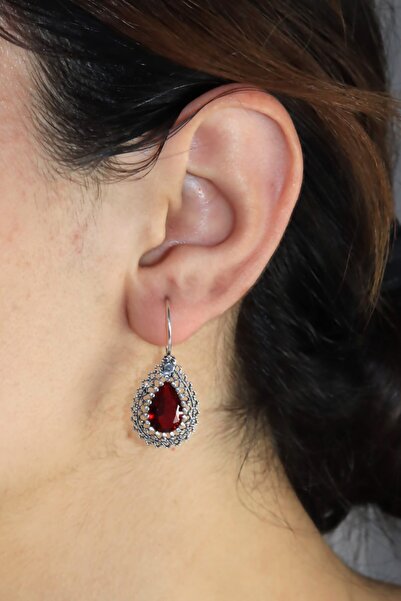 Midyat Nurtaş Gümüş Yakut Taşlı Damla Model Bayan Telkari Gümüş Küpe Mng201014834