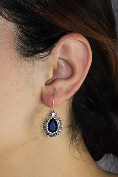 Midyat Nurtaş Gümüş Safir Taşlı Damla Model Bayan Telkari Gümüş Küpe Mng201014844