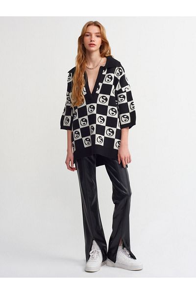 Dilvin 10114 Polo Neck Patterned Sweater-black-ecru