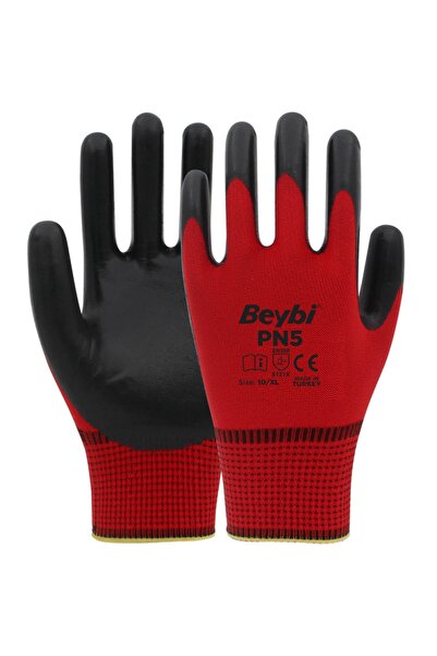 Beybi Pn5 Polyester Knitted Nitrile Gloves-Red-No:10 - 1 Pair