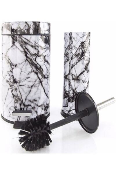 nevhas 2'li (İKİLİ) Banyo Seti Beyaz Mermer Desenli Çöp Kovası Ve Tuvalet Fır...