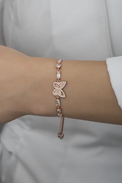 Nereze 925 Ayar Gümüş Asansörlü Baget Taşlı Rose Kelebek Bileklik
